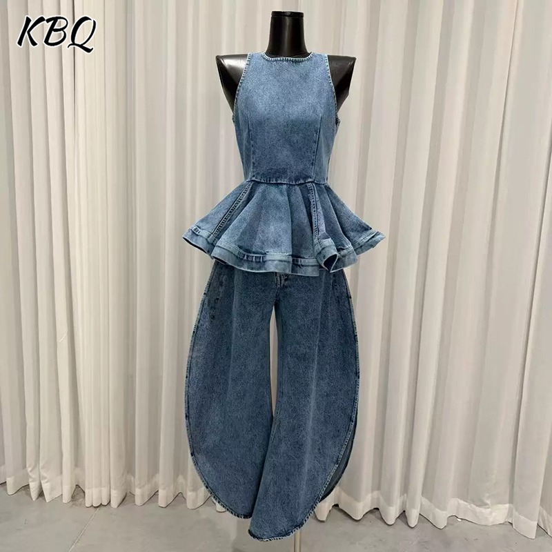 Vintage Fashion Style Female - KBQ Mavi Eklemeli Pileli İki Parçalı