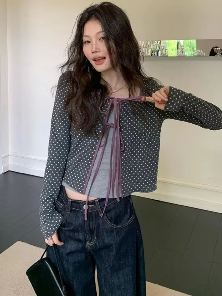 Vintage Fashion Style Female - Kadın Örme Hırka Puantiyeli Sonbahar Yeni