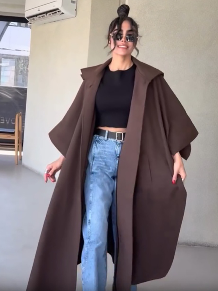 Vintage Fashion Style Female - Moda Düz Renk Pelerin Tarzı Uzun